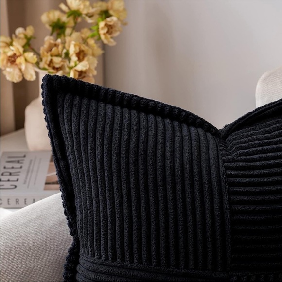 Striped Black Corduroy Farmhouse Luxury Soft Decorative Stylish Pillow Cover Set - Picture 2 of 5